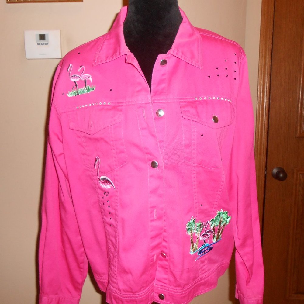 Womans Hot Pink Pink Flamingos  light  Jean Jacket Size L
